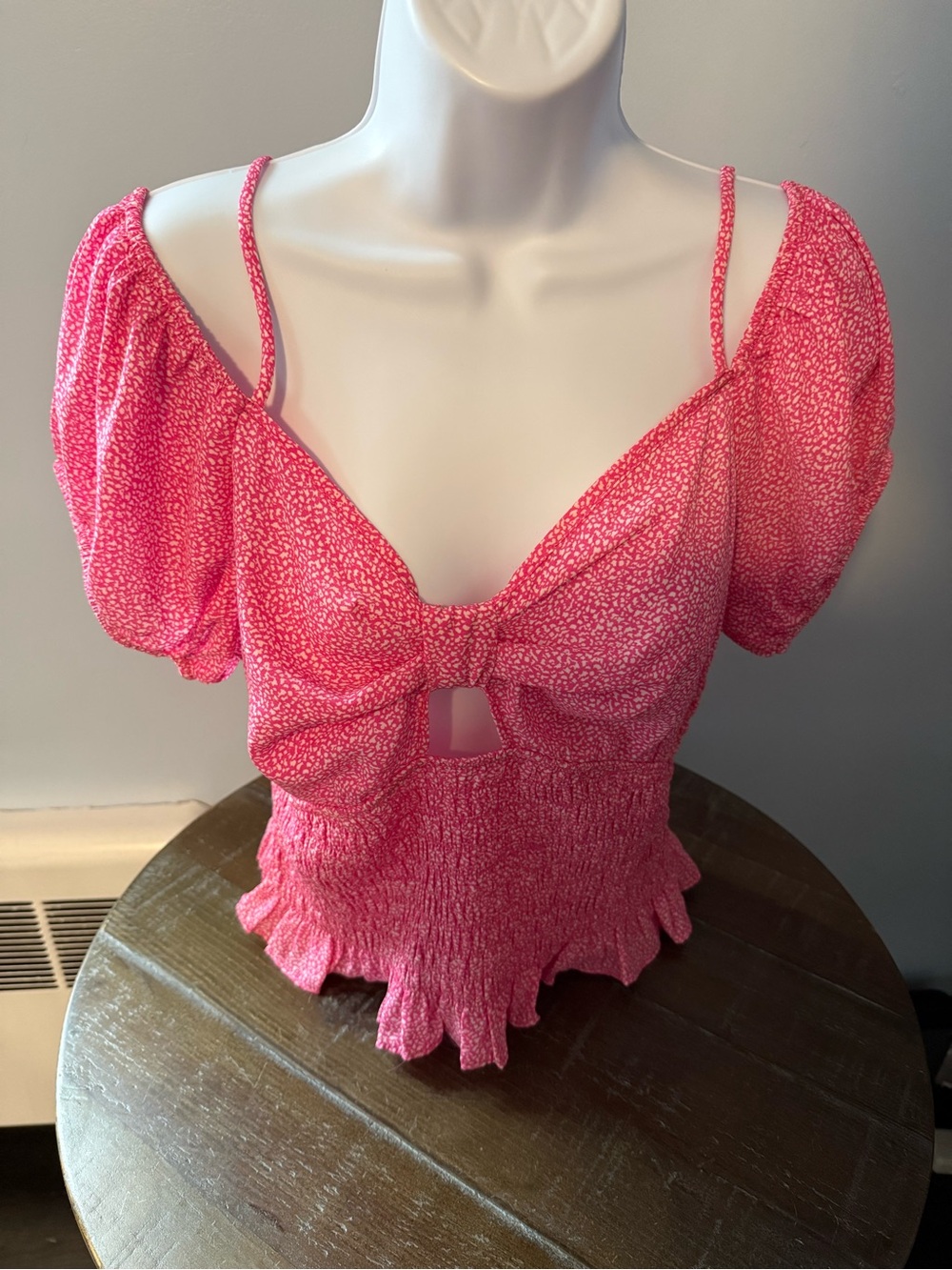 Pink Puff Sleeve Tie-Front Smocked tank